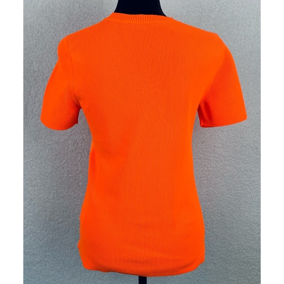HELMUT LANG • Neon Orange Stripe Ribbed Knit Short Sleeve Tee - Picture 6 of 12
